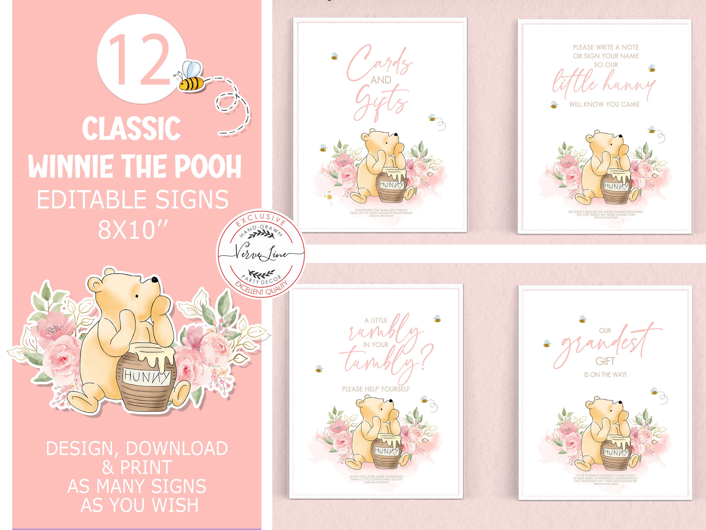 Set of 12 Editable Signs in Classic Winnie the Pooh style for a Baby Shower or Birthday Party | Table Signs,  Pink Design Bundle | 0001.9