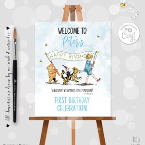 Editable Welcome sign Classic Winnie the Pooh Birthday Boy Party Blue Sky Design Digital Template  Corjl 0001BS