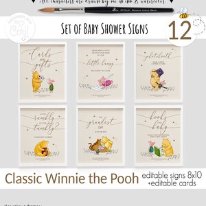 Lot de 12 panneaux et cartes modifiables dans le style classique de Winnie l'ourson pour une baby shower ou une fête d'anniversaire | de table, lot design doux | 0001S