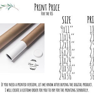 Op de afbeelding: Een prijslijst voor prints in verschillende formaten, vari&euml;rend van 9x11 inch tot 24x36 inch. De prijzen zijn in Amerikaanse dollars. De lijst is gedrukt op een witte achtergrond met zwarte tekst.