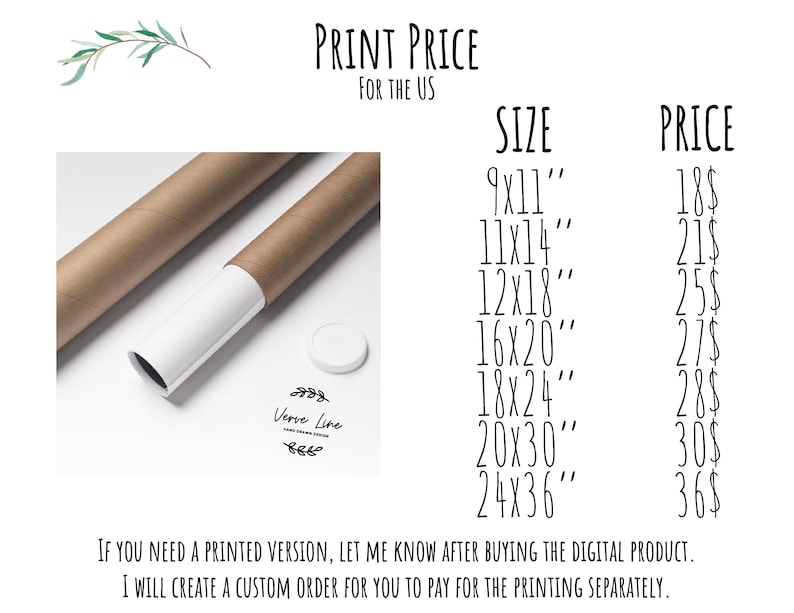 Op de afbeelding: Een prijslijst voor prints in verschillende formaten, vari&euml;rend van 9x11 inch tot 24x36 inch. De prijzen zijn in Amerikaanse dollars. De lijst is gedrukt op een witte achtergrond met zwarte tekst.