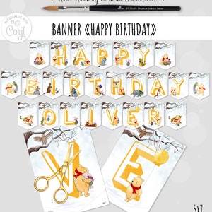 Editable Banner with Any Text for a Classic Winnie the Pooh Winter Birthday Party for a Boy or Girl Christmas Holiday DIY Digital 0001.16