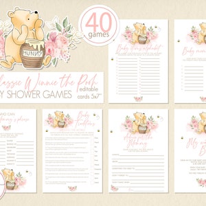 40 spellen voor een klassieke Winnie de Pooh-babyshowerbundel | Afdrukbare kaart klassieke vintage beer roze bloemen bewerkbare meisje digitaal | 0001.9