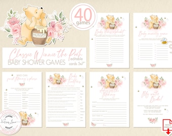 40 Games for a Classic Winnie the Pooh Baby Shower Bundle  | Printable Card Classic Vintage Bear Pink Flowers Editable Girl Digital | 0001.9