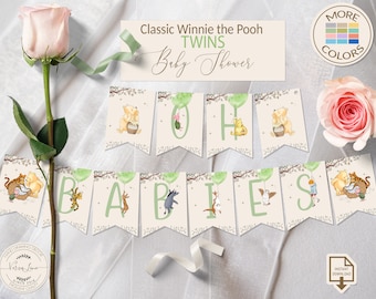 Banner OH BABIES Classic Winnie the Pooh TWINS Baby Shower Editable More Colors Pooh Balloon Bunting Garland Decorations Sweet Design 0001S
