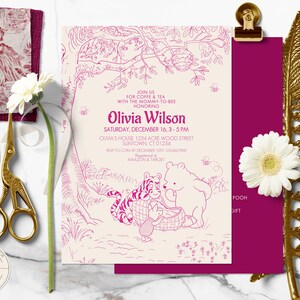 Baby Shower Invitation in a Classic Winnie the Pooh style | Crimson Toile de Jouy Style Design | Editable Download Printable 0001J