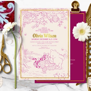 Baby Shower Invitation in a Classic Winnie the Pooh style | Crimson Gold Toile de Jouy Style Design | Editable Download Printable 0001J