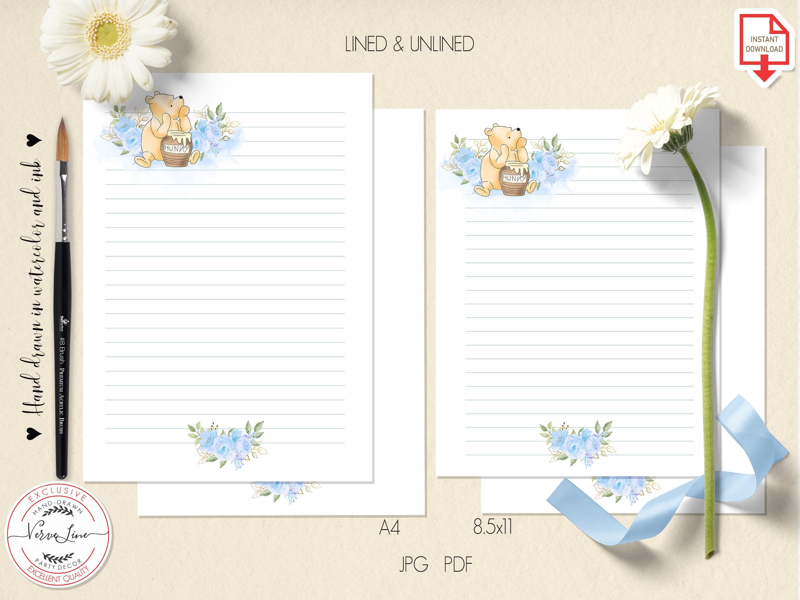Classic Winnie the Pooh Printable Stationery Lined Unlined Paper ...
