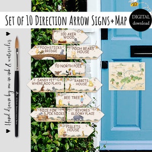 Set of 10 Direction Arrow Signs + Map Hundred Acre Wood | Classic Winnie the Pooh Cutout Decor for a Baby Shower or Birthday Party | 0001