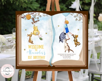 Letrero de bienvenida editable Clásico Winnie the Pooh y sus amigos Cumpleaños de niño CUALQUIER EDAD Bosque de los Cien Acres Libro abierto Diseño azul Digital 0001.12