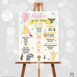 Editable Milestone Board Classic Winnie the Pooh 1st Birthday Girl Party Vintage Sky Design Digital Template Corjl 0001VSP