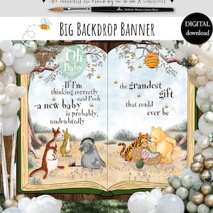 BIG Backdrop Banner for a Boy Girl Winnie the Pooh Baby Shower | Hundred Acre Wood Green balloon Open Book Design | Digital 0001 HAW