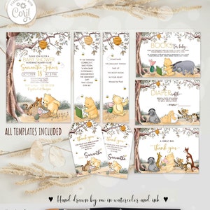 Set modificabile classico Winnie the Pooh Baby Shower Bundle #15: invito, biglietto di ringraziamento, lotteria dei pannolini, richiesta di libri, 2 segnalibri 0001HAW