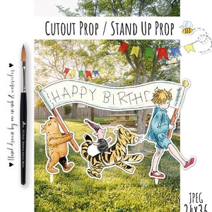 Winnie The Pooh and Friends with Banner &quot;Happy Birthday&quot; Cutout Decor Prop | Stand Up Prop DIGITAL DOWNLOAD 0001