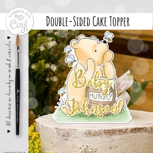 Editable Double-Sided Cake Topper Winnie the Pooh Baby Shower|Birthday Party Decor Centerpiece Sublimation PNG Corjl Template 0001
