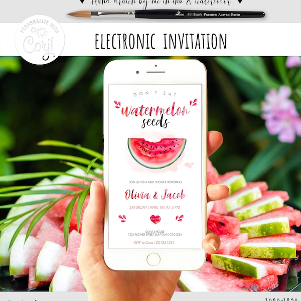 Editable Red Watermelon Baby Shower Evite Electronic Invitation Don't eat watermelon seed Digital download Template Corjl 0025