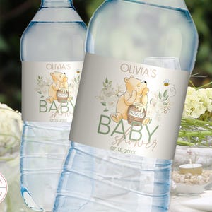 Etichette modificabili per bottiglie d'acqua Winnie The Pooh classiche Baby Shower, Pooh Bear White Flowers Roses Design Download immediato 0001.18
