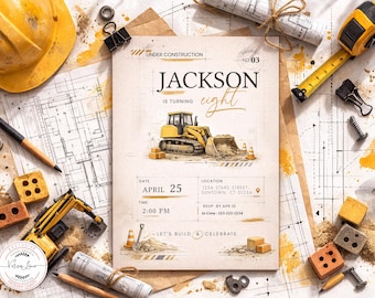 Editable Modern Construction Birthday Invitation | Under Construction Blueprint Party Any Age 1 to 99 | Corjl | Digital Download 0029