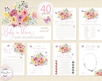 40 spellen voor een baby in bloei babyshowerbundel | Afdrukbare kaart wilde bloemen aquarel bloemdessin bewerkbaar babymeisje digitaal | 0039