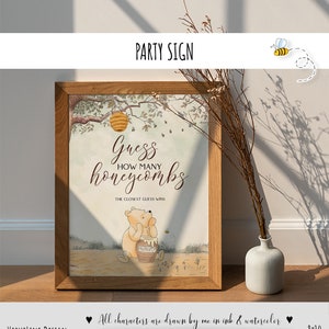 Classico cartello per baby shower di Winnie the Pooh "Indovina quanti favi ci sono", cartello per tavolo da festa n. 22 con carte, design Hundred Acre Wood 0001 HAW