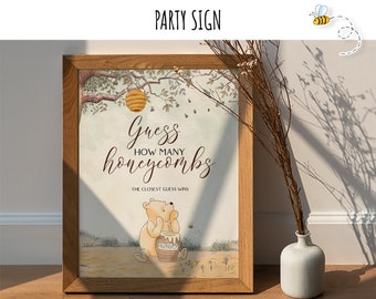 Classic Winnie the Pooh Baby Shower Game Sign Guess how many Honeycombs, Party Table Sign #22 with cards , Hundred Acre Wood Design 0001 HAW