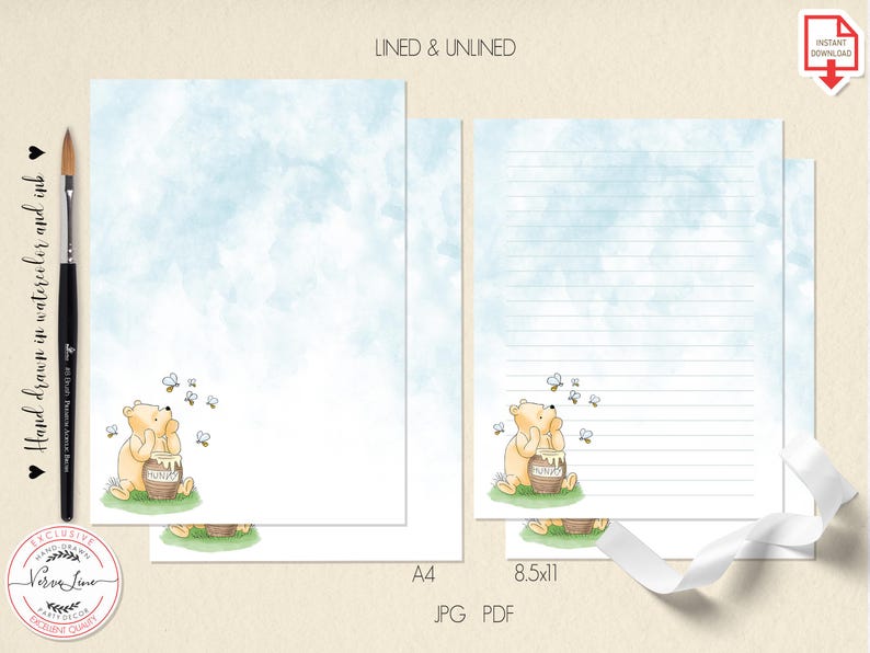 Classic Winnie the Pooh Printable Stationary Lined Unlined Paper ...