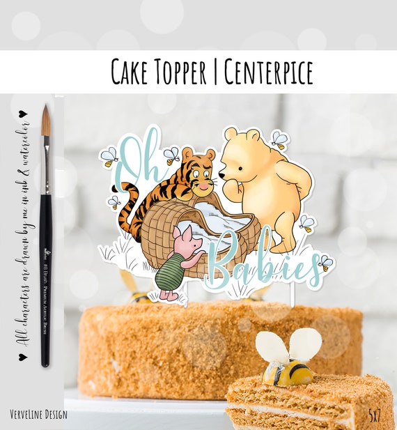 Cake Topper Classic Winnie the Pooh TWINS Baby Shower oh Babies Sage Green  Letters With Piglet in Green 5x7 DIGITAL Download 0001 