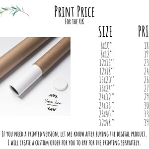 Może przedstawiać: Zwinięty wydruk w brązowej tekturowej tubie z białą nasadką. Obraz zawiera cennik rozmiar&oacute;w wydruku od 20,3x25,4 cm do 81,3x121,9 cm. Tekst brzmi "Print Price for the UK."