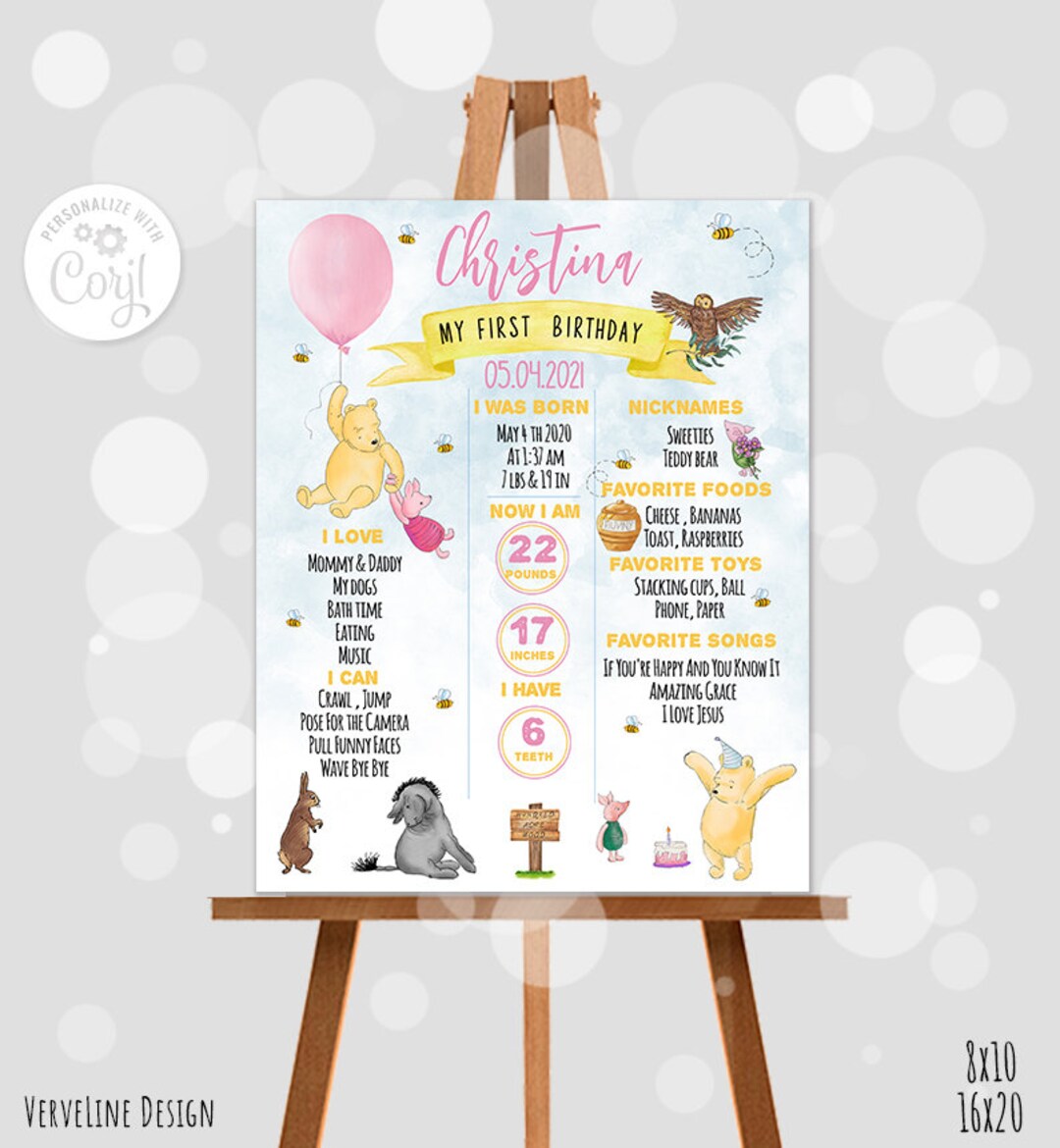 Editable Milestone Board Classic Winnie the Pooh 1st Birthday Girl ...