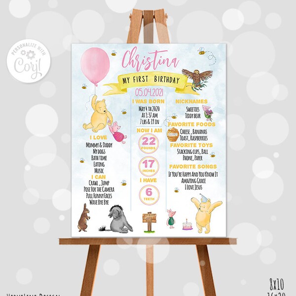 Bearbeitbare Meilensteintafel Klassische Winnie Puuh 1. Geburtstag Mädchen Party Blauer Himmel Design Digitale Vorlage Corjl 0001P