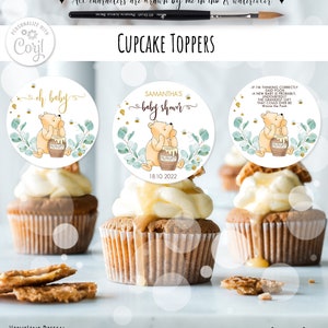 Set of 3 Editable Cupcake Toppers in a Classic Winnie the Pooh Design for Baby Shower Eucalyptus Branch Design #6-1 Template Corjl 0001 EB1