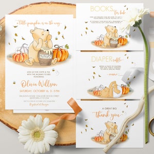 Bewerkbare klassieke Winnie de Pooh-babyshowerbundelset: uitnodiging, bedankkaart, luierloterij, boekverzoekkaart herfst 0001.11
