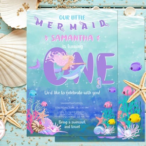 Editable Invitation Mermaid 1st Birthday Party Girl Pink Purple Blue Under The Sea Hand drawn Design Download Printable Template 0026