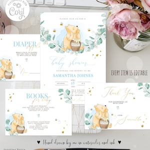 Set di pacchetti per baby shower Winnie the Pooh classico modificabile n. 14B Invito Biglietto di ringraziamento Lotteria pannolini Richiesta libro Eucalyptus Gold 0001 EB1