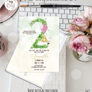 Editable Classic Winnie the Pooh 2nd Birthday Girl Invitation Pink balloon Vintage Sky Design Digital download Template Corjl 0001.4