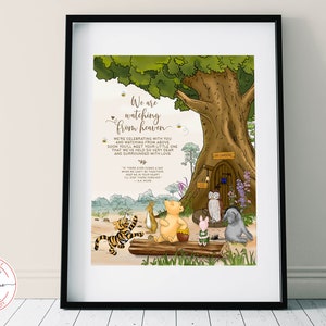 May include: A printable Winnie the Pooh themed print with a quote about watching from heaven. The print features Winnie the Pooh, Piglet, Tigger, Eeyore, and Owl in a forest setting. The quote reads "We are watching from heaven. We're celebrating with you and watching from above. Soon you'll meet your little one that we've held so very dear and surrounded with love."