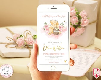 Editable Pooh Bear Evite Electronic Invitation Girl Baby Shower Classic Winnie the Pooh Hundred Acre Wood Pink Flowers Design Digital 0001.9