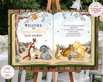 Welcome sign Classic Winnie the Pooh Open Book Baby Shower Boy Girl Hundred Acre Wood Design Personalized for You 0001
