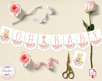 Banner ''OH BABY'' Classic Winnie the Pooh Baby Shower Party Pink Flowers Design DIY Digital 0001.9