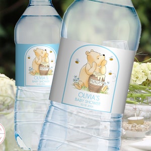 Etichette modificabili per bottiglie d'acqua con orsetto Winnie The Pooh, decorazione per baby shower, palloncino blu e design con fiori blu, download immediato 0001.7