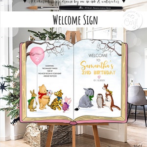 Editable Welcome sign Classic Winnie the Pooh Open Book Winter Birthday Girl ANY AGE Party Hundred Acre Wood Design Template #37 0001.16