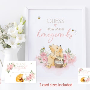 Indovina quanti favi gioco da tavolo segno per un classico Winnie the Pooh Baby Shower con carte / Design fiori rosa / 0001.9