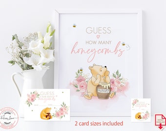 Letrero para mesa de juego "¿Adivina cuántos panales hay?" para una fiesta de bienvenida de bebé clásica de Winnie the Pooh con tarjetas / Diseño de flores rosas / 0001.9