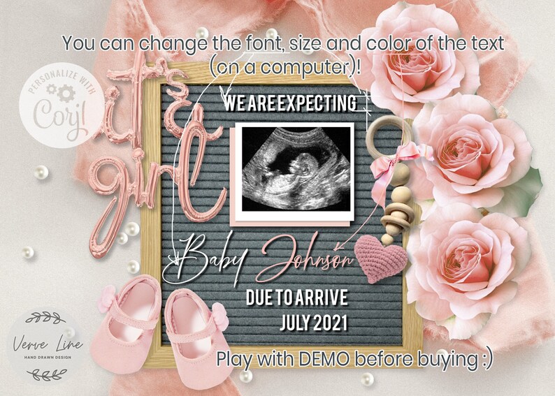Editable pregnancy announcement for social media Baby Girl announcement