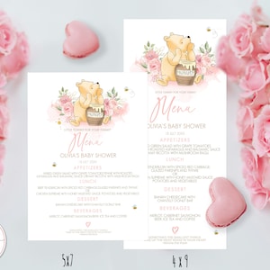 Tarjeta de menú editable clásica de Winnie The Pooh para cumpleaños o baby shower Un poco de delicia para tu barriga Diseño de rosas y flores rosas 0001.9