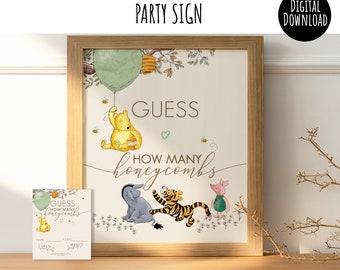 Classic Winnie the Pooh Baby Shower Game Sign Guess how many Honeycombs Party Table Sign with cards Pooh Green Balloon Sweet Design 0001S
