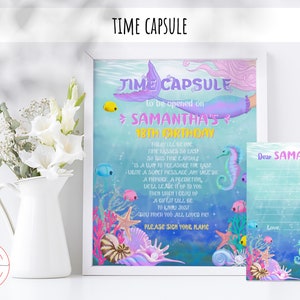 Editable Time Capsule Mermaid 1st Birthday Girl Under the Sea Party Pink Purple Watercolor Design Digital Printable 0026