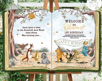 Bewerkbaar welkomstbord Klassiek Winnie de Poeh open boek feestvarken meisje ELKE LEEFTIJD partij honderd hectare houtontwerp 36 x 24 sjabloon #31 0001 HAW