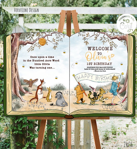 Editable Welcome sign Classic Winnie the Pooh Open Book Birthday Boy Girl ANY AGE Party Hundred Acre Wood Design 36x24 Template #31 0001 HAW