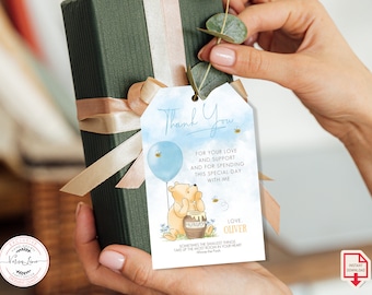Editable Favor tags Winnie Pooh Birthday | Baby Shower Thank you Tag Hundred Acre Wood Blue Design  0001.3